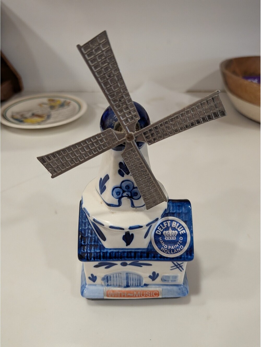 Delft Blue Hand Painted Holland Windmill Music Box Blue White Porcelain